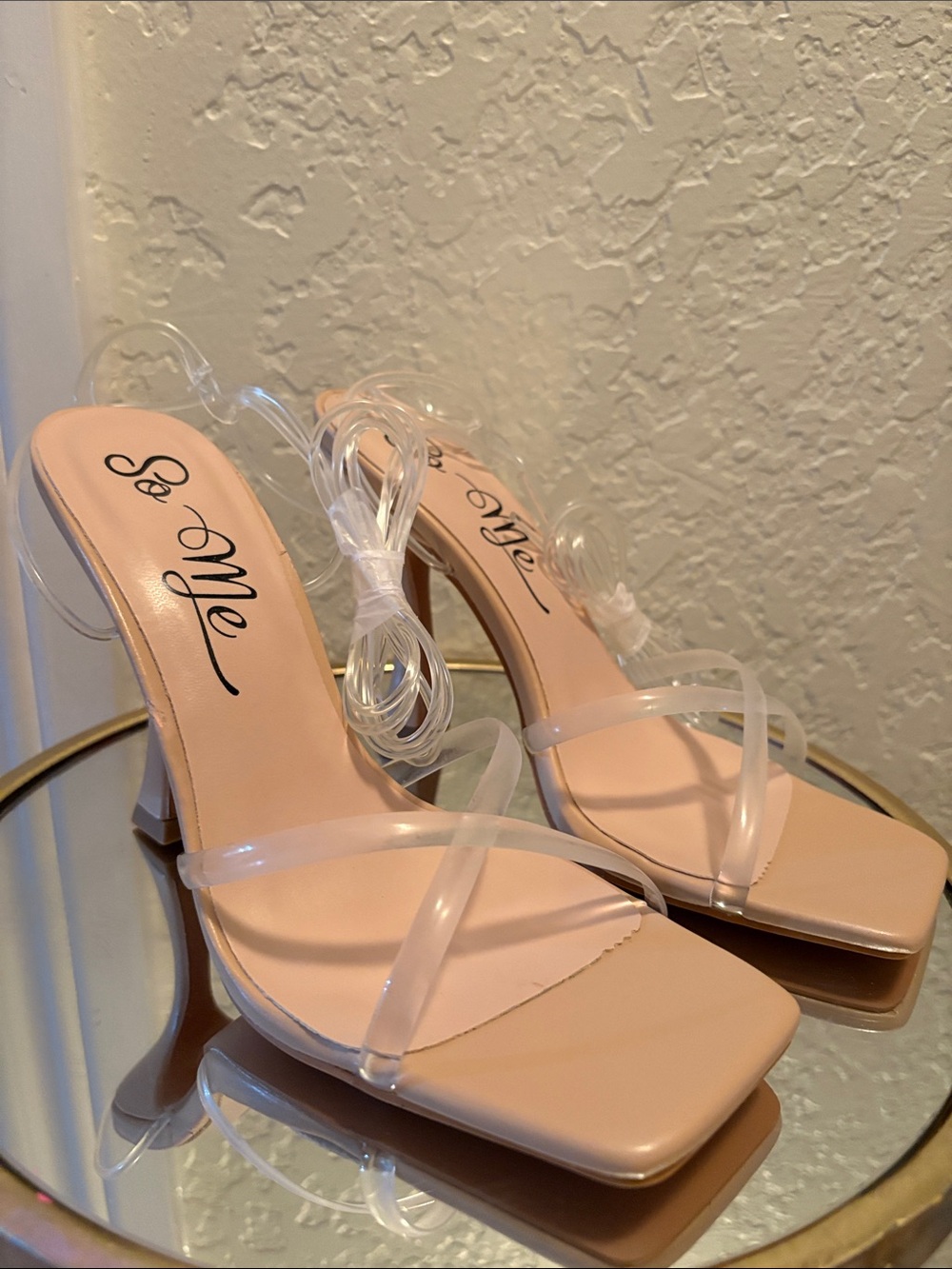 So Me Blush Nude Clear-Strap Square Toe Heels